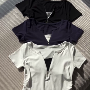✨ Premium Minimal Zip-Up Body Fit Aesthetic Tops Collection for Women 🌸💙🤍